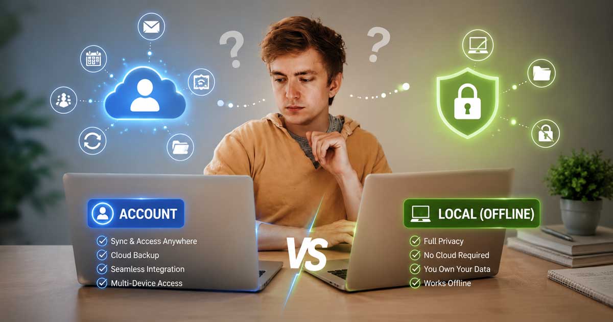Person choosing between a cloud account login and a private local offline computer setup with account and privacy icons.